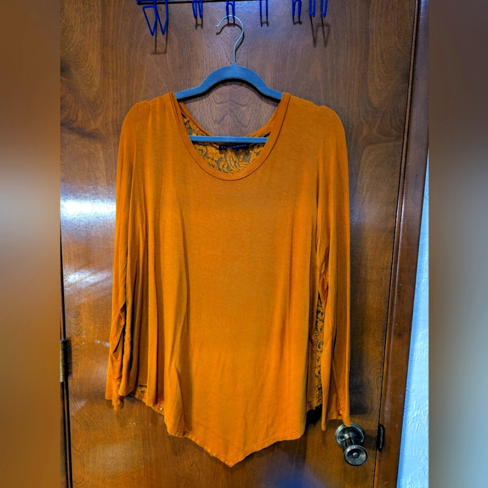 Grace Elements mustard lace back asymmetric tunic blouse size XL